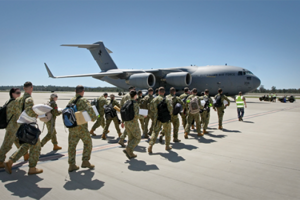 Troops preparing for departure on a C-17 to the Middle East on Operation Okra