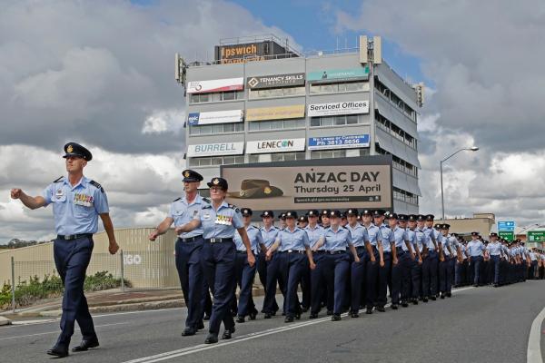 RAAF Security and Fire School personnel marching through Ipswich for Anzac Day 2019. Source: Department of Defence