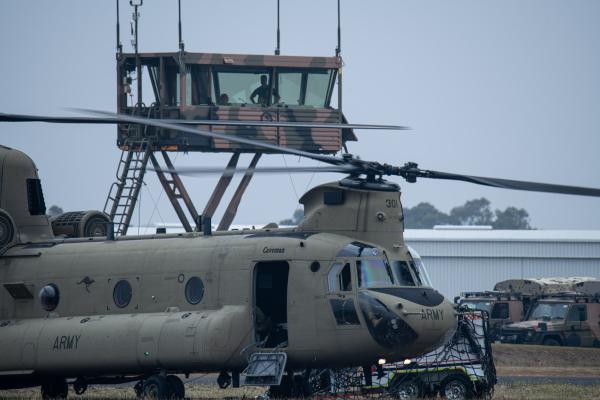 No 44 Wing air traffic controllers controlling air movements at Bairnsdale from the Transportable Air Operations Tower during Operation Bushfire Assist 2019-2020. Source: Department of Defence