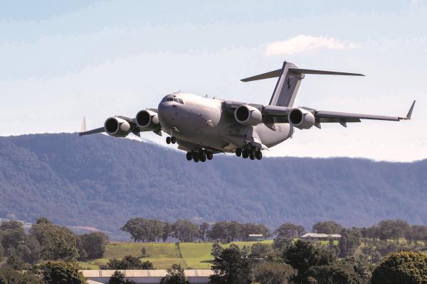 No 36 Squadron C-17A conducts a low-level flying display during the ‘Wings over Illawarra’ 2019 Airshow. Source: Department of Defence 