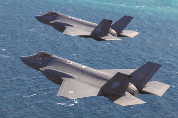 F-35A Lightning II aircraft A35-015 and A35-024 in formation along the Newcastle region coastline during Exercise Lightning Storm. Source: Department of Defence