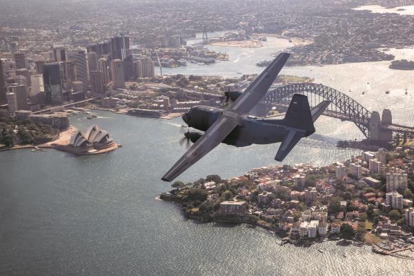 Alenia Aermacchi C-27J Spartan A34-005 of No 35 Squadron flying over Sydney, NSW, November 2017. Source: Department of Defence