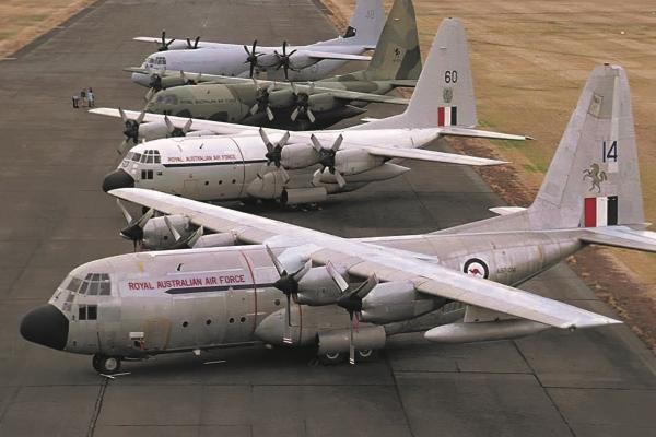 Four generations of Lockheed C-130 Hercules – C-130A A97-214, C-130E A97-160, a C-130H and a C-130J-30 operated by the RAAF at RAAF Point Cook. Source: ADF-Serials