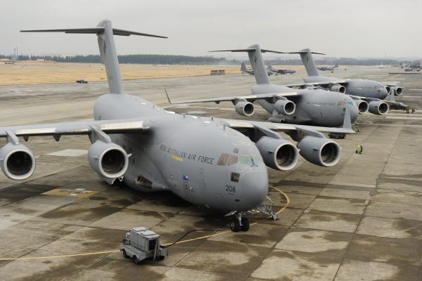 Three No 36 Squadron C-17s at Yokota Airbase in Japan