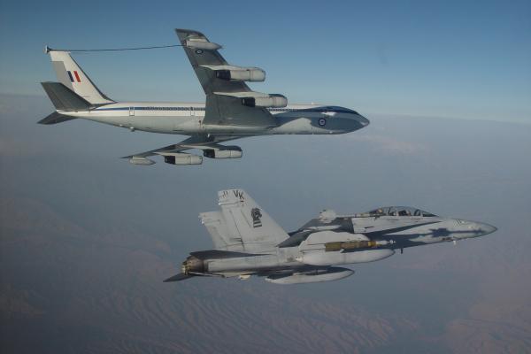 A RAAF 707 with a US Marine Corps F-18 during refueling opertations