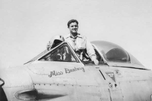 Korea. C. 1952. 032542 Pilot Officer Bbill Simmonds of No. 77 Squadron RAAF, in his Gloster Meteor aircraft