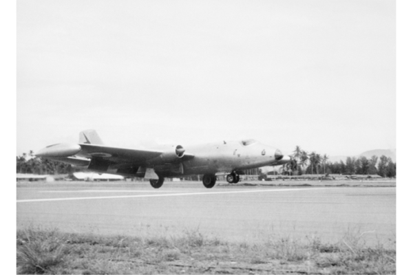 The first government aircraft factory (gaf) Canberra b-20 bomber aircraft of no 2 (bomber) Squadron RAAF piloted by the commanding officer, wing commander c.w. Steley dfc, to land at Butterworth following the ferry flight from Australia