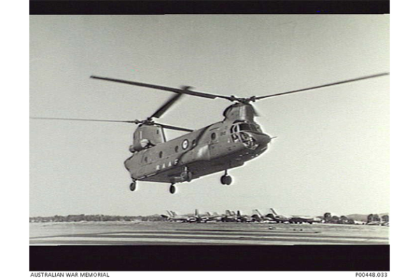 A Chinook helicopter hovering on the airfield