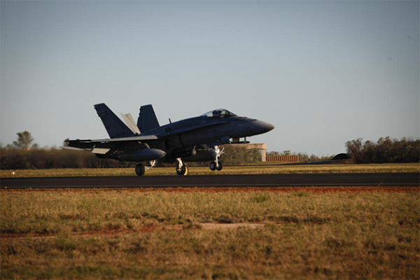 F/A-18 about to land on the Airfield at Air Force Base Curtin