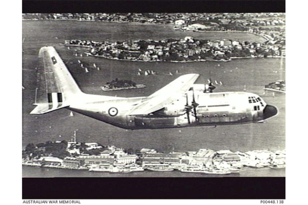 C-130A Transport Aircraft of 36 Squadron in Flight over Sydney Harbour