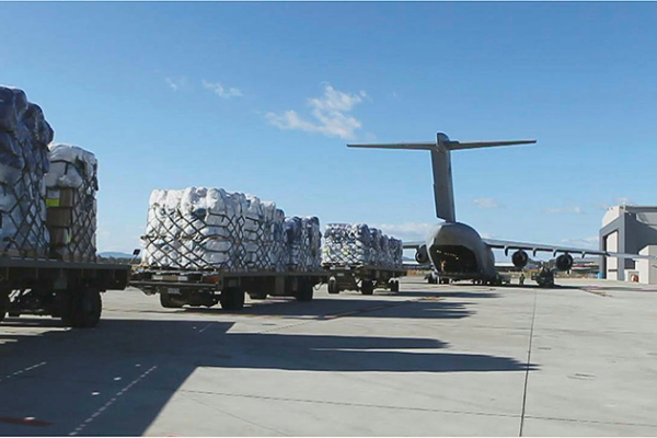 Cargo being loaded onto a C-17 for delivery to Pakistan in the wake of the devastating floods that hit the country