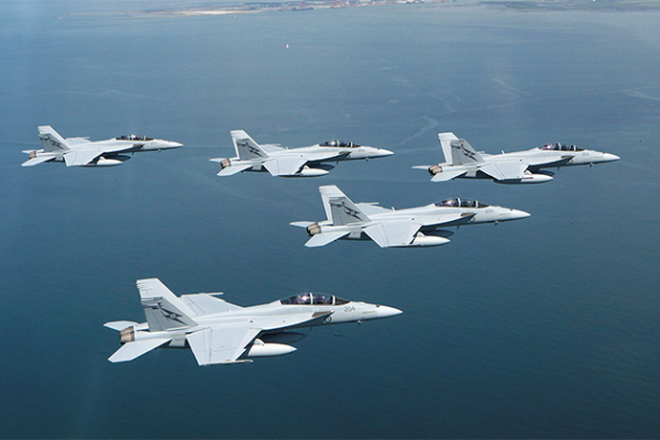 Five ship formation of F/A-18F Super Hornets in flight