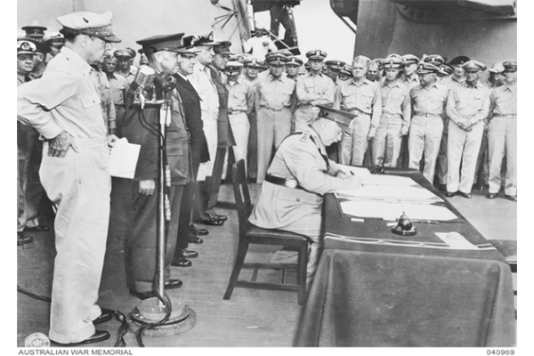 Formal ceremony at which Japan surrendered aboard USS Missouri at Tokyo Bay