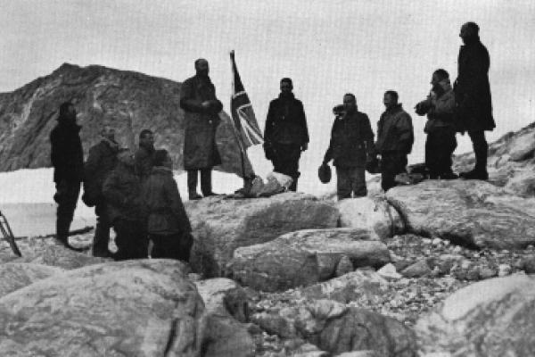 Flag raising ceremony at Cape Bruce, Antarctica