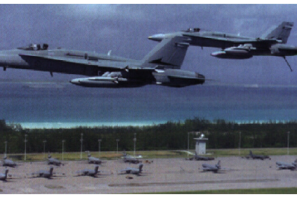 Two F/A-18 Hornets on operation flying over Diego Garcia