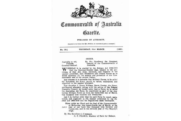 Official confirmation of the formation of the Australian Air Force