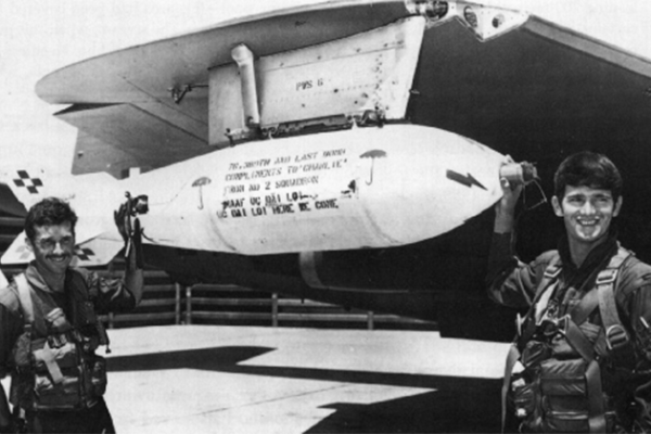 The last bomb loaded onto a Canberra bomber ready for take off