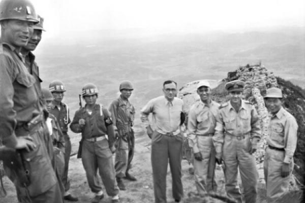 Squadron Leader Ronald Rankin (second from right) along the 38th parallel